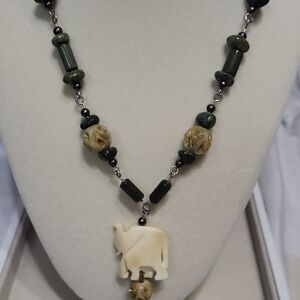 Elegant Green and Cream Elephant Pendant Necklace